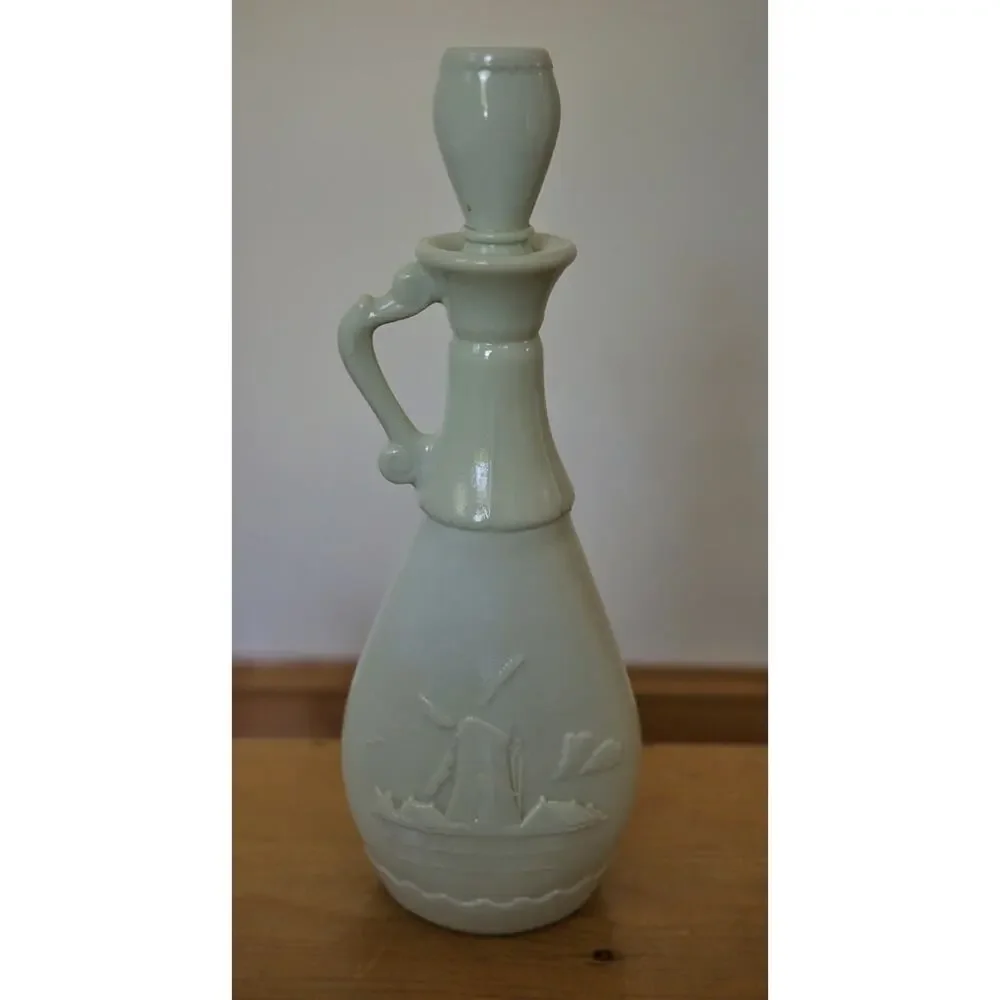 Vtg DUTCH Windmill Milk Glass Delft Liquor Bottle Jug Decanter Beam's Choice